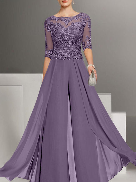 Chiffon Jewel Neck Half Sleeves Ankle-Length Mother of the Bride Pantsuits with Lace