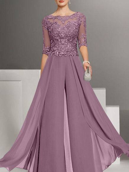 Chiffon Jewel Neck Half Sleeves Ankle-Length Mother of the Bride Pantsuits with Lace