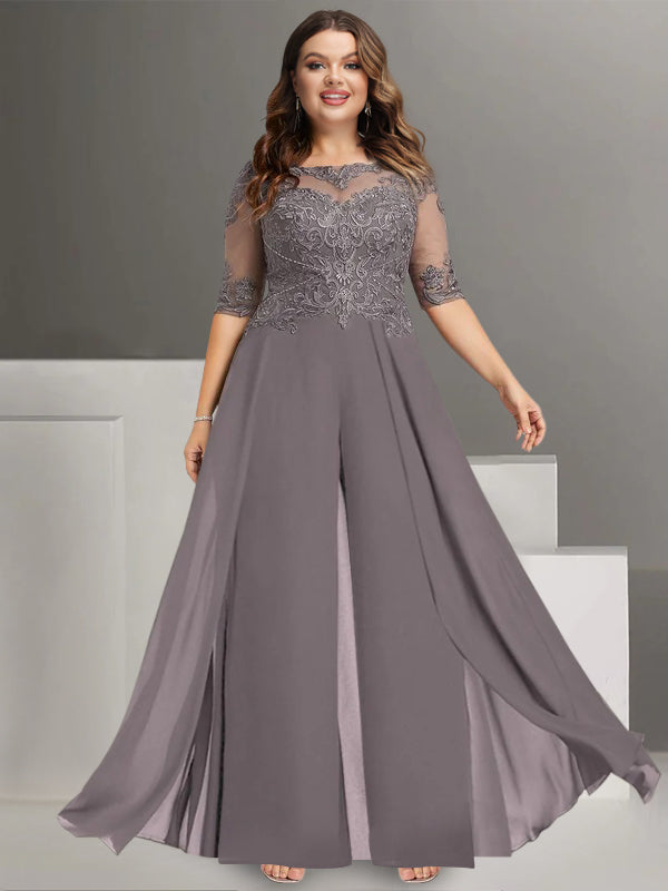 Chiffon Jewel Neck Half Sleeves Ankle-Length Plus Size Mother of the Bride Pantsuits with Lace