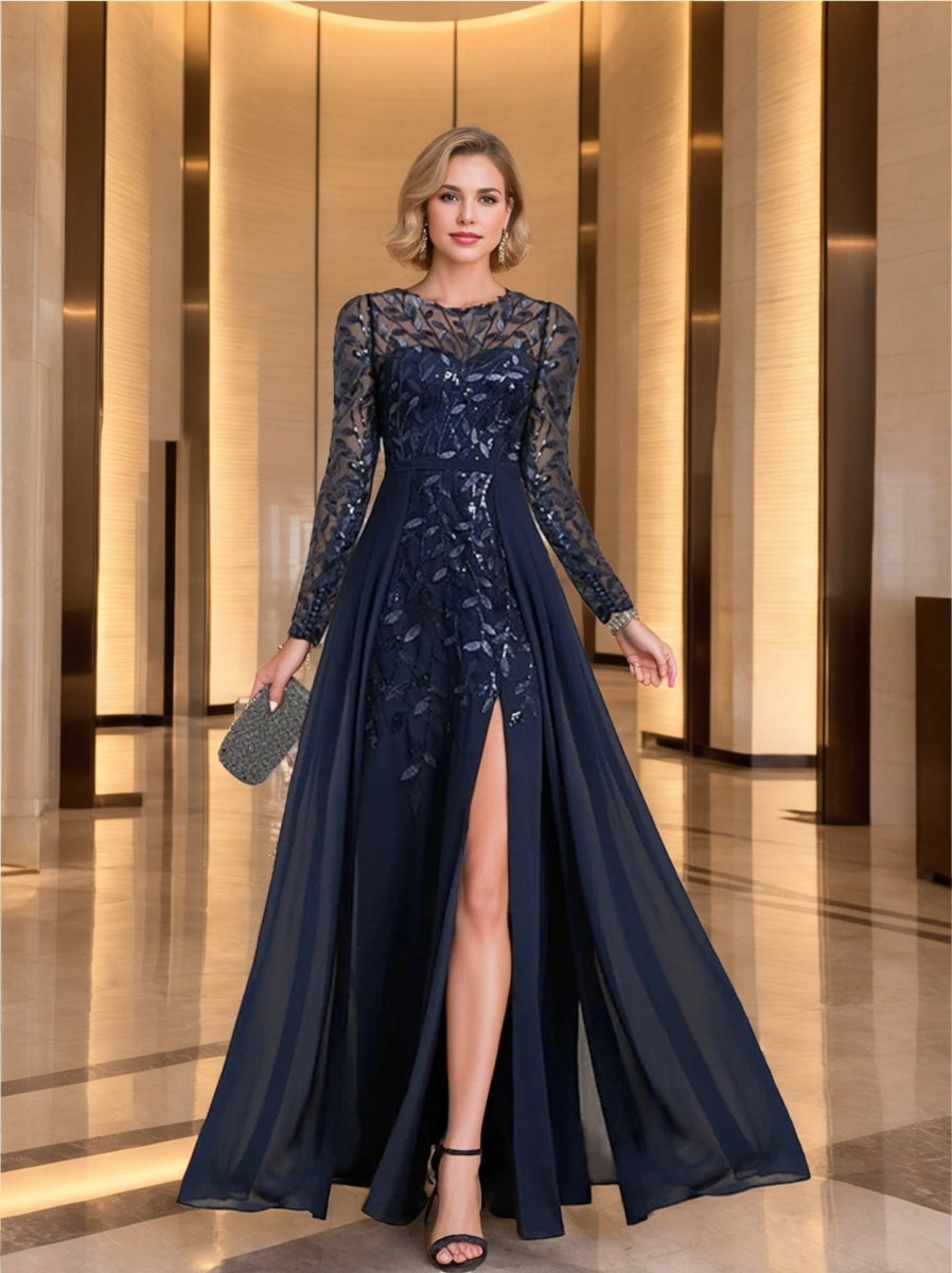 A-Line/Princess Scoop Long Sleeves Floor-Length Mother of the Bride Dresses with Split Side, Ruffles & Sequins