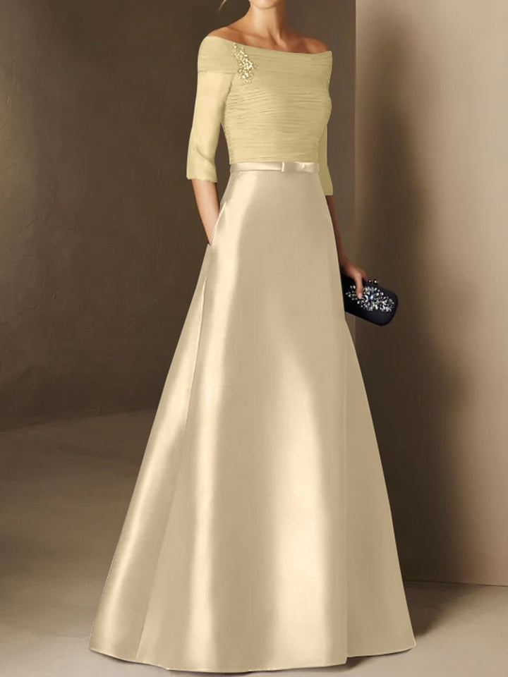 A-Line/Princess Off-the-Shoulder Short Sleeves Mother of the Bride Dresses with Belt Applique