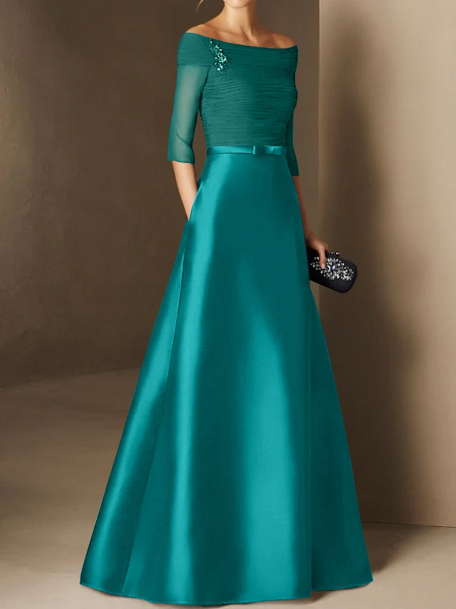 A-Line/Princess Off-the-Shoulder Short Sleeves Mother of the Bride Dresses with Belt Applique