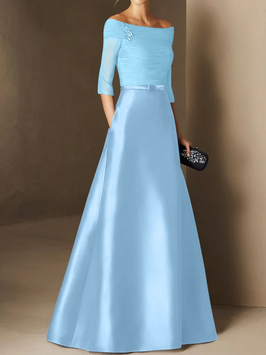 A-Line/Princess Off-the-Shoulder Short Sleeves Mother of the Bride Dresses with Belt Applique