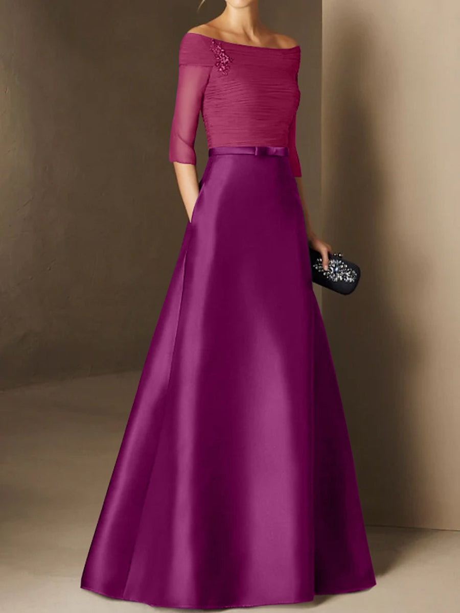 A-Line/Princess Off-the-Shoulder Short Sleeves Mother of the Bride Dresses with Belt Applique