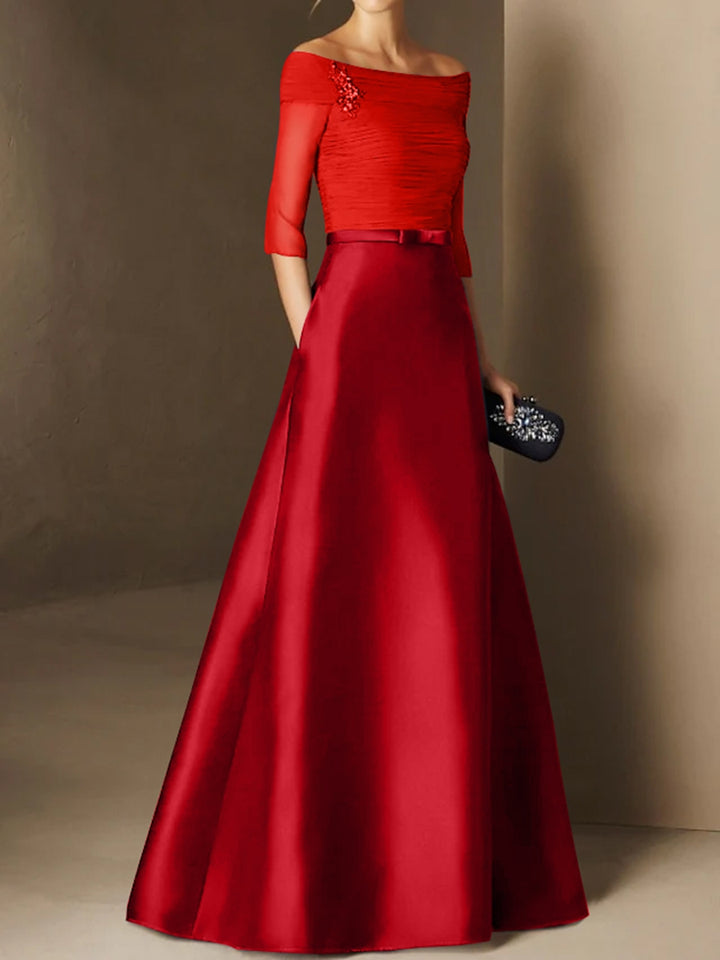 A-Line/Princess Off-the-Shoulder Short Sleeves Mother of the Bride Dresses with Belt Applique