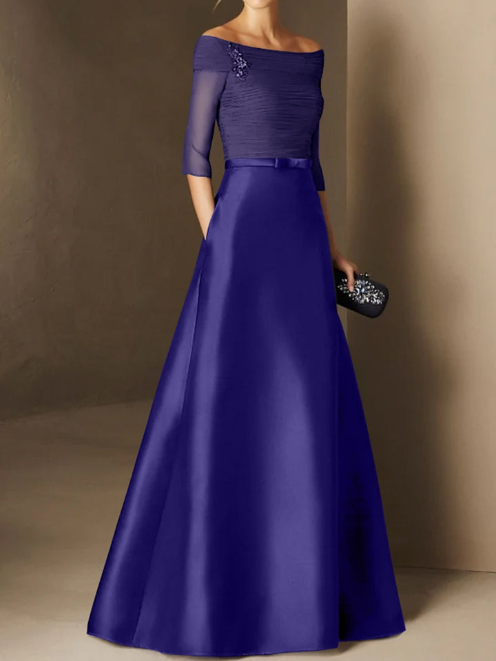 A-Line/Princess Off-the-Shoulder Short Sleeves Mother of the Bride Dresses with Belt Applique