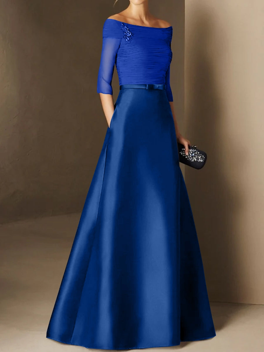 A-Line/Princess Off-the-Shoulder Short Sleeves Mother of the Bride Dresses with Belt Applique