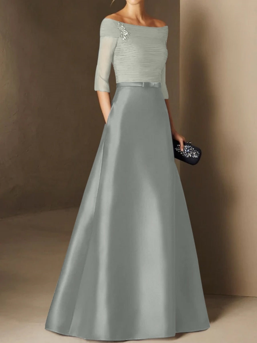 A-Line/Princess Off-the-Shoulder Short Sleeves Mother of the Bride Dresses with Belt Applique