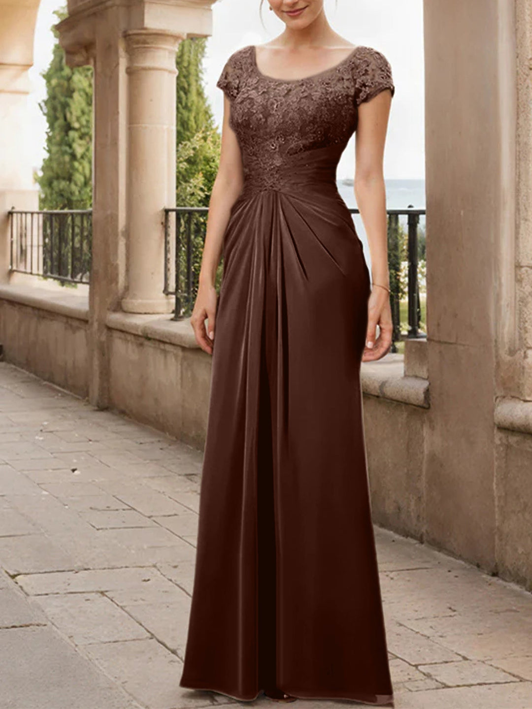 Sheath/Column Scoop Floor-Length Chiffon Mother of the Bride Dresses With Lace Ruffle