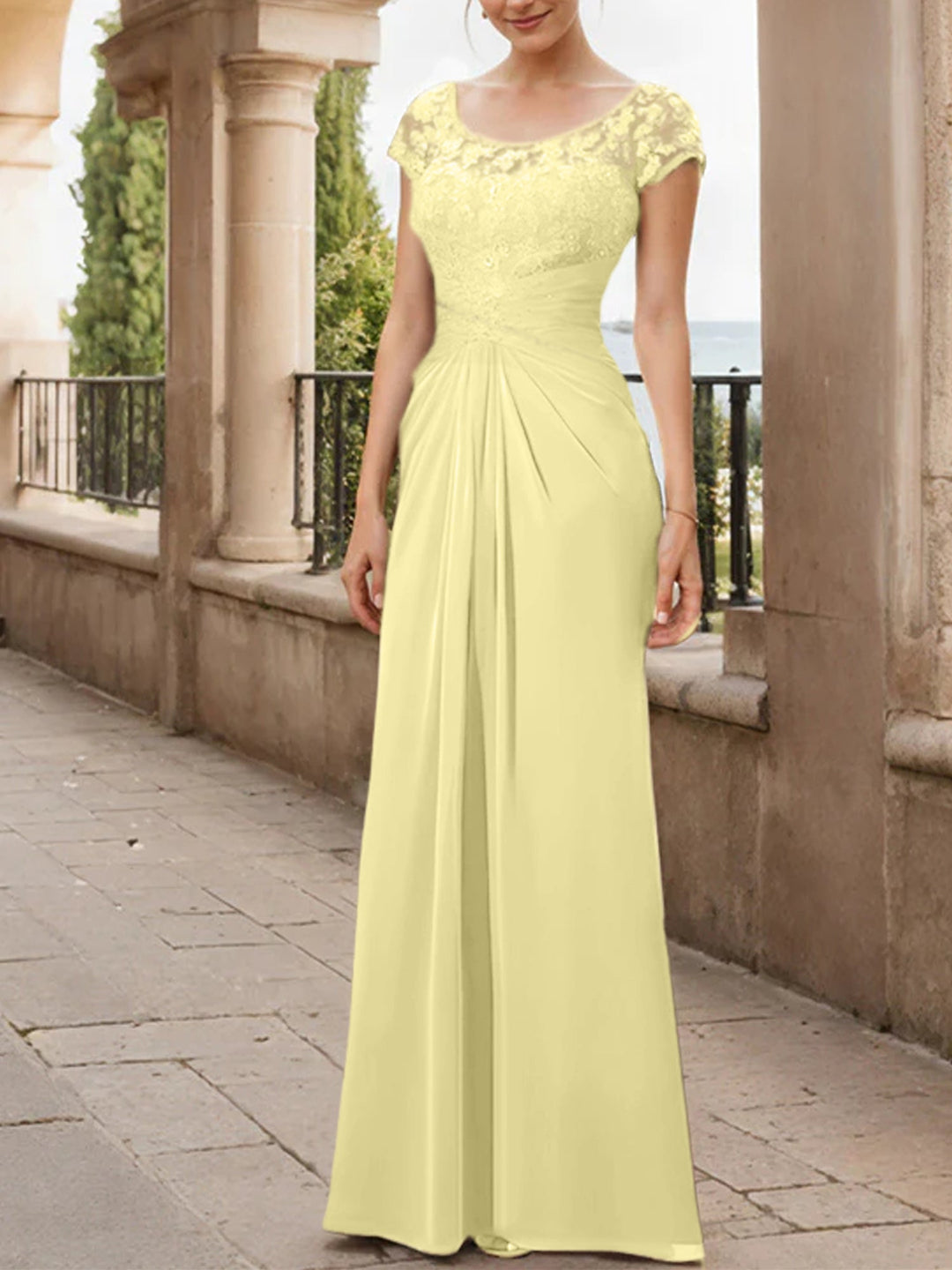 Sheath/Column Scoop Floor-Length Chiffon Mother of the Bride Dresses With Lace Ruffle