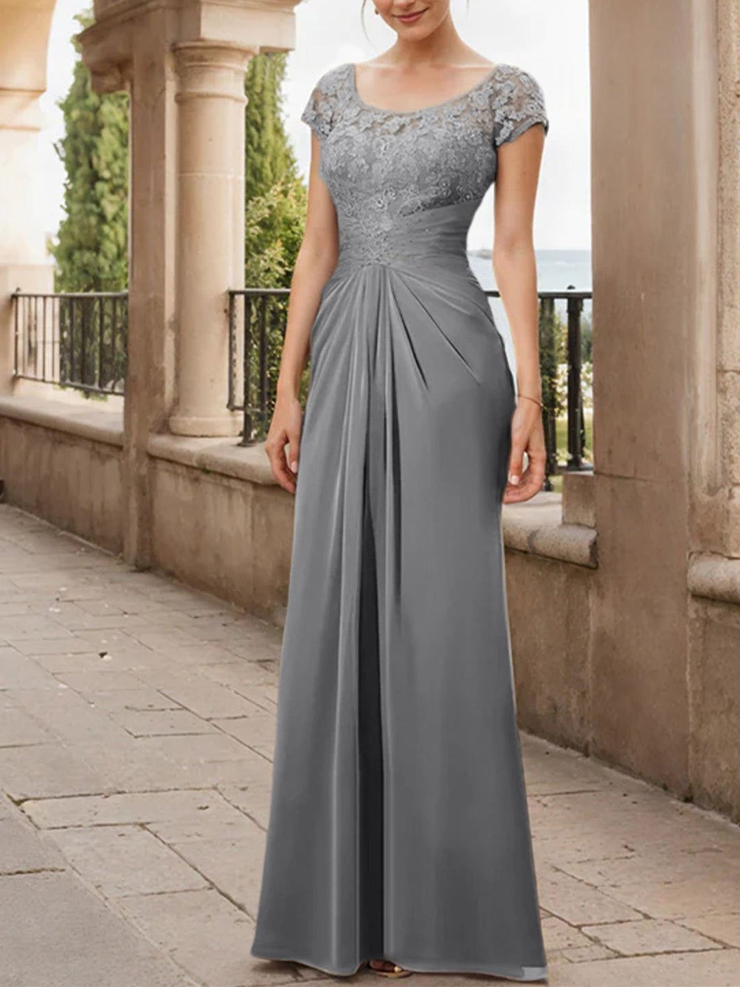 Sheath/Column Scoop Floor-Length Chiffon Mother of the Bride Dresses With Lace Ruffle