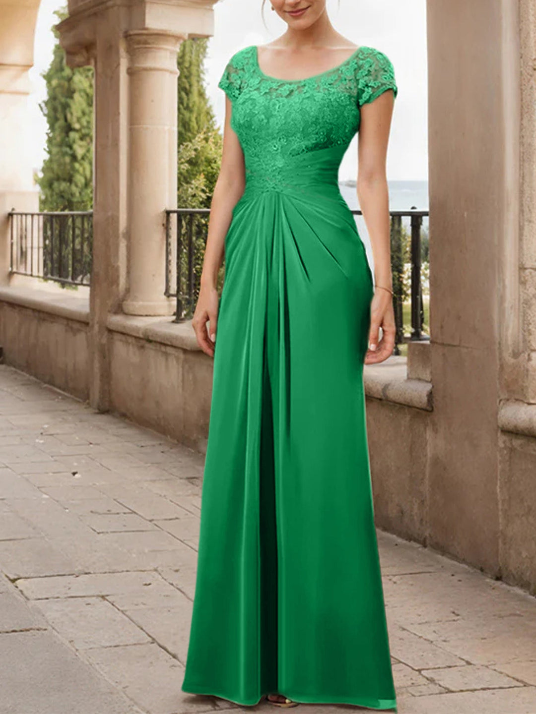 Sheath/Column Scoop Floor-Length Chiffon Mother of the Bride Dresses With Lace Ruffle