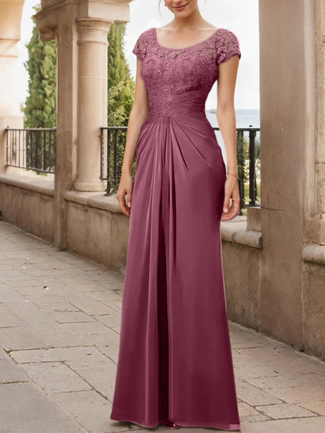 Sheath/Column Scoop Floor-Length Chiffon Mother of the Bride Dresses With Lace Ruffle