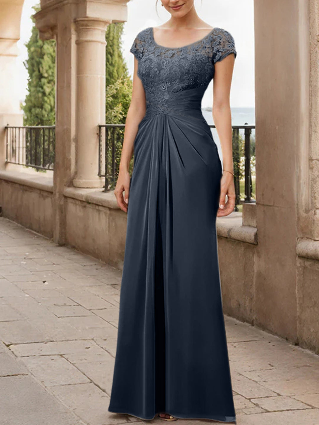 Sheath/Column Scoop Floor-Length Chiffon Mother of the Bride Dresses With Lace Ruffle