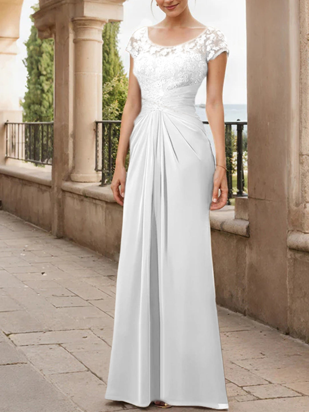 Sheath/Column Scoop Floor-Length Chiffon Mother of the Bride Dresses With Lace Ruffle