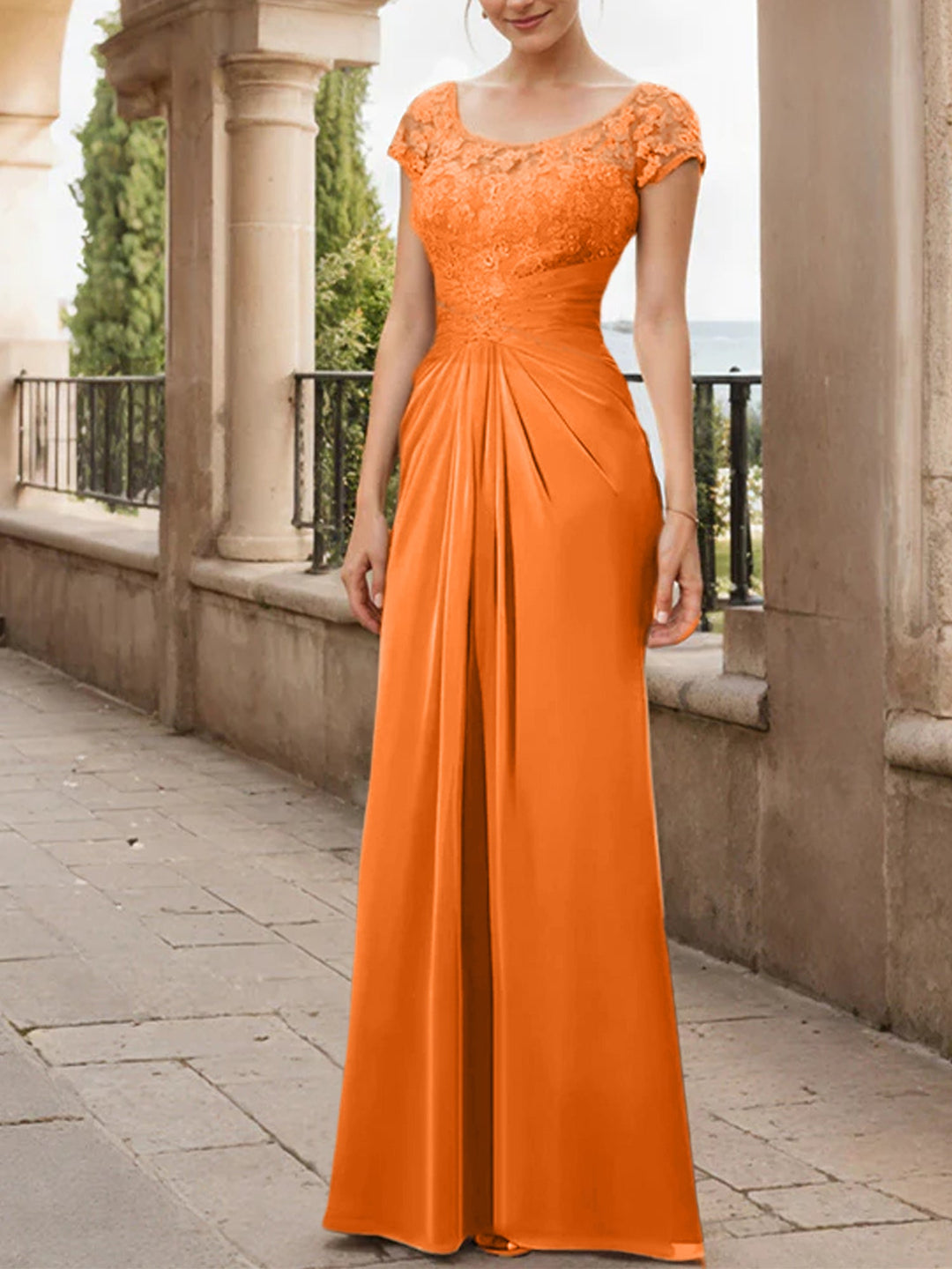 Sheath/Column Scoop Floor-Length Chiffon Mother of the Bride Dresses With Lace Ruffle