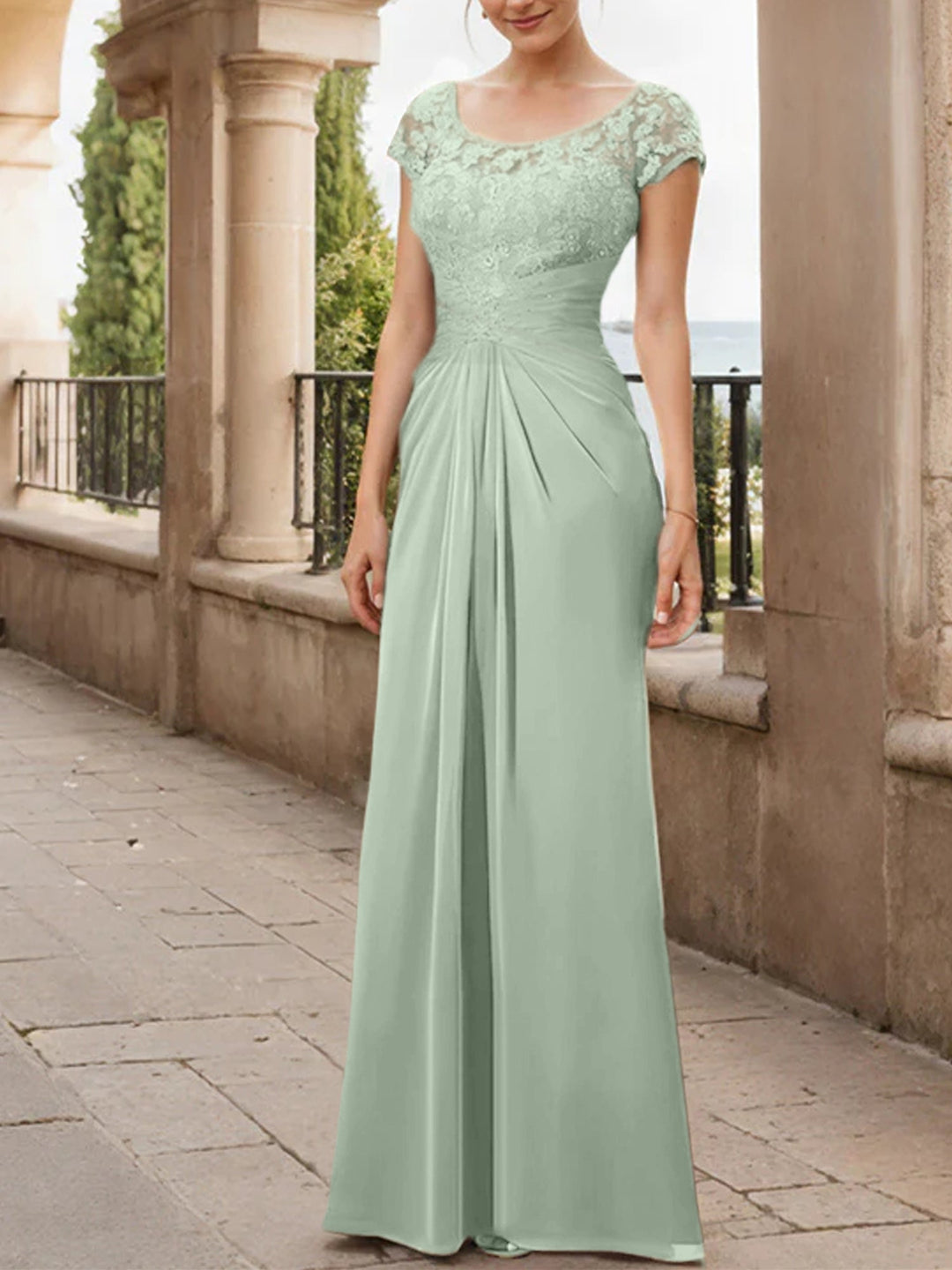 Sheath/Column Scoop Floor-Length Chiffon Mother of the Bride Dresses With Lace Ruffle