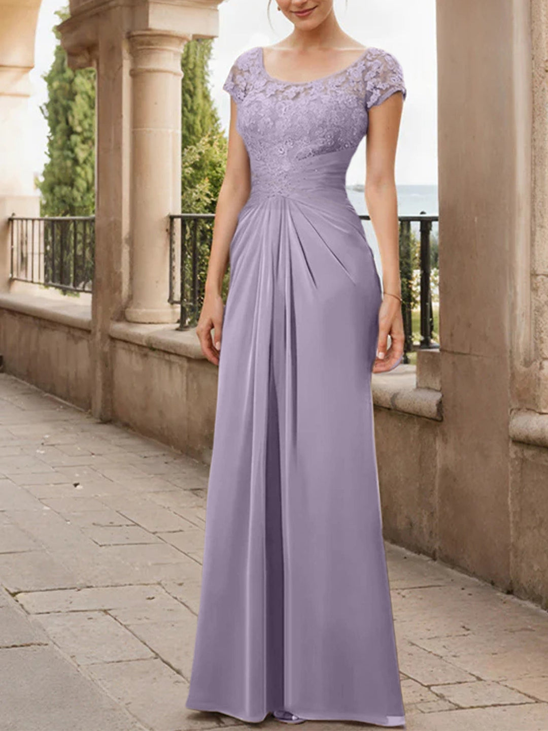 Sheath/Column Scoop Floor-Length Chiffon Mother of the Bride Dresses With Lace Ruffle