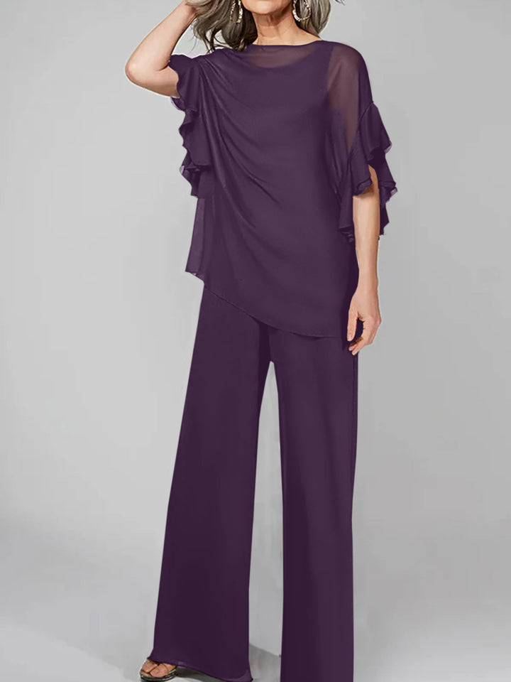 Jumpsuits Scoop Half Sleeves Chiffon Mother Of The Bride Pantsuits