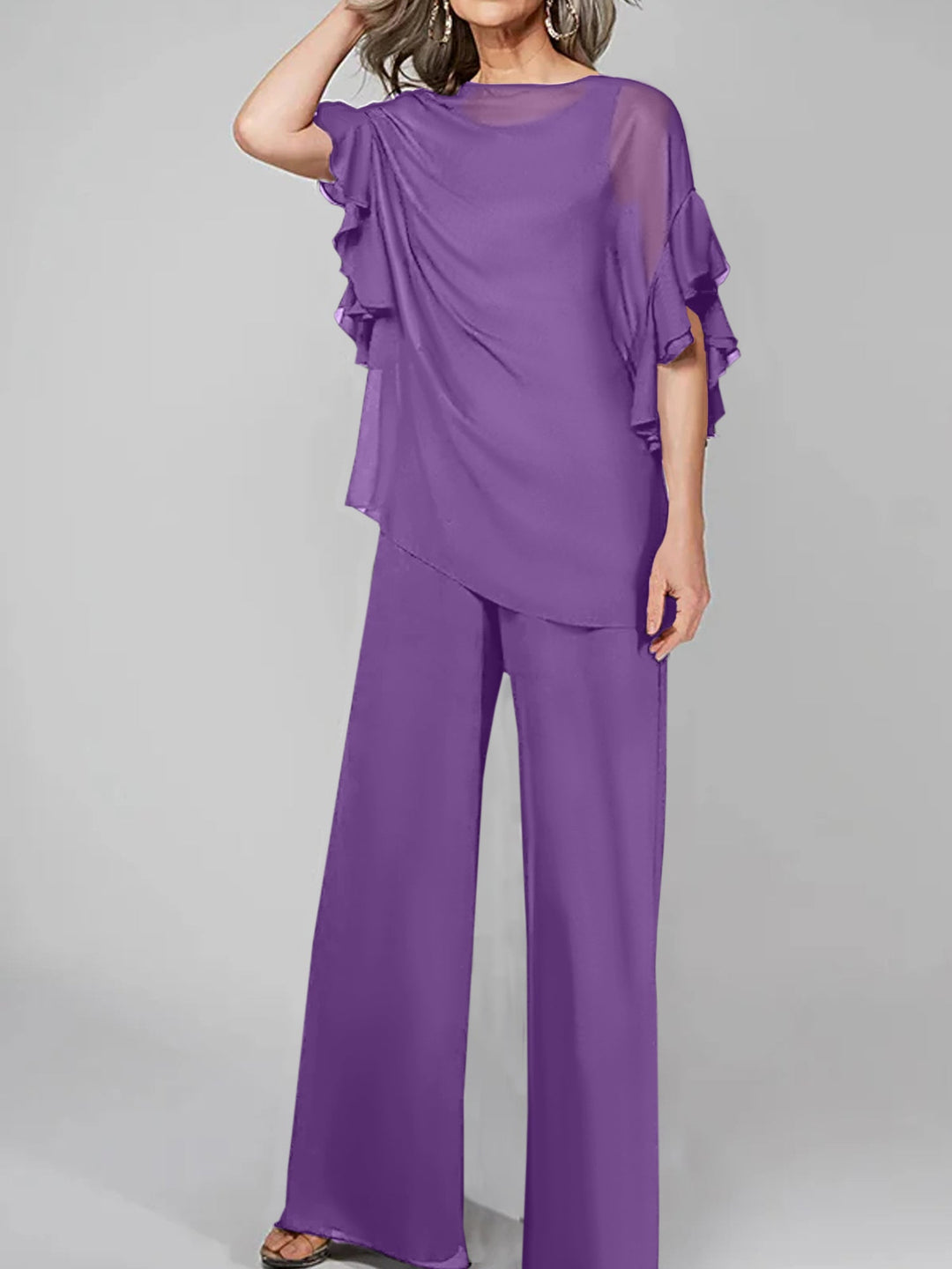 Jumpsuits Scoop Half Sleeves Chiffon Mother Of The Bride Pantsuits