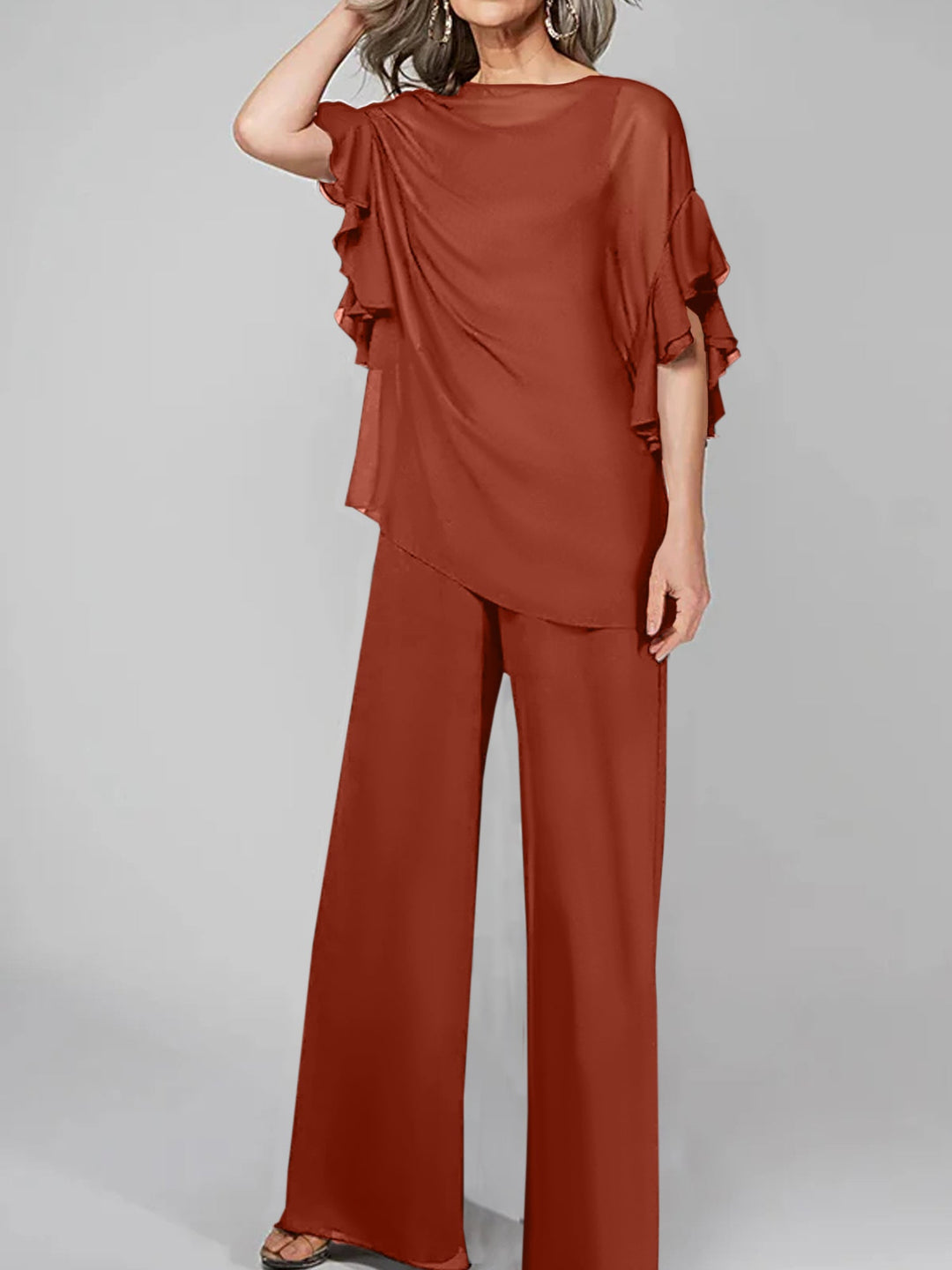 Jumpsuits Scoop Half Sleeves Chiffon Mother Of The Bride Pantsuits