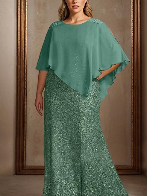 Chiffon Scoop Half Sleeves Floor-Length Plus Size Mother of the Bride Dress with Beading & Sequins