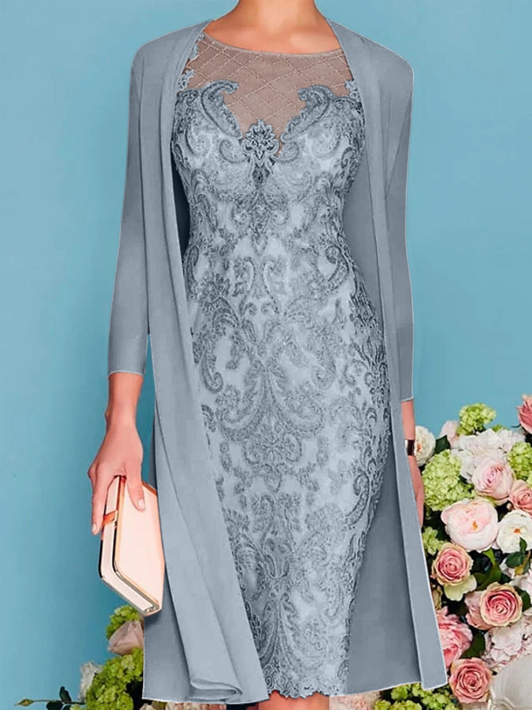 Sheath/Column Scoop Long Sleeves Knee-Length Mother of the Bride Dresses with Lace Beading Appliques