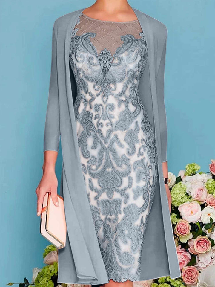 Sheath/Column Scoop Long Sleeves Knee-Length Mother of the Bride Dresses with Lace Beading Appliques