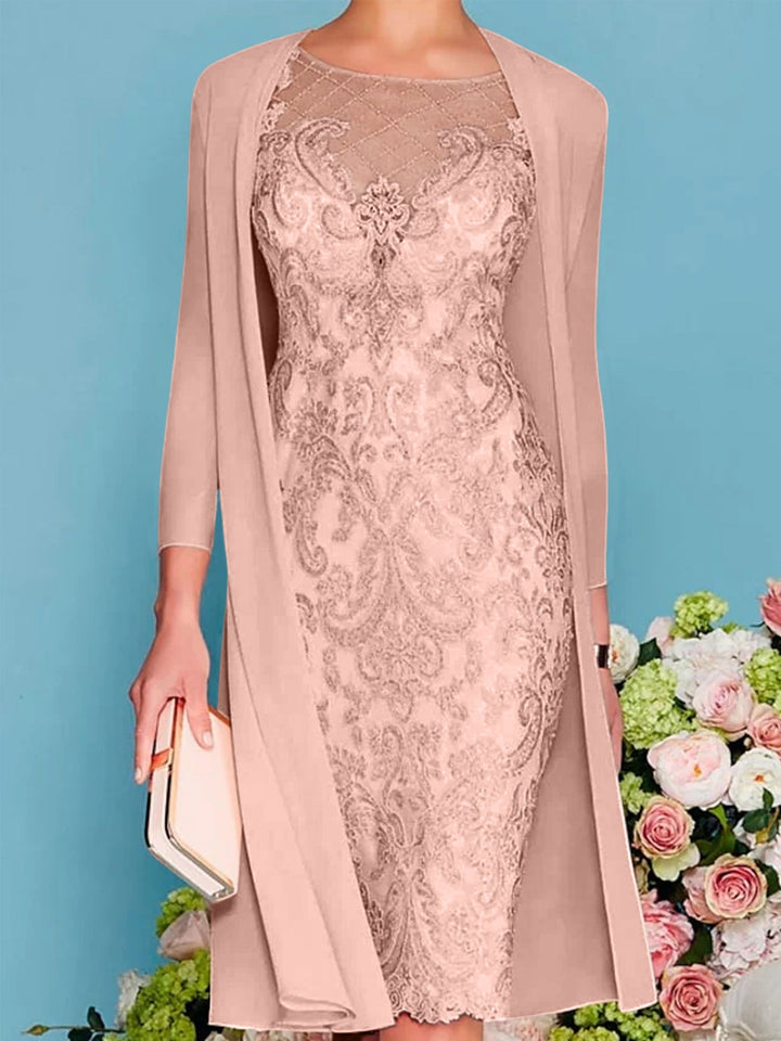 Sheath/Column Scoop Long Sleeves Knee-Length Mother of the Bride Dresses with Lace Beading Appliques