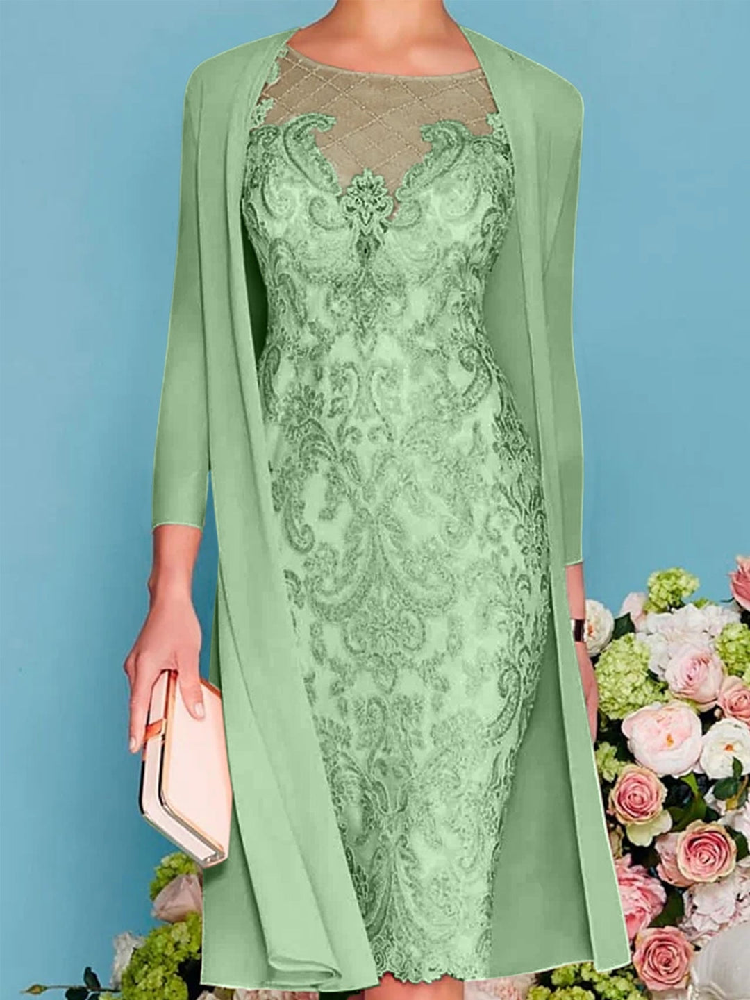 Sheath/Column Scoop Long Sleeves Knee-Length Mother of the Bride Dresses with Lace Beading Appliques