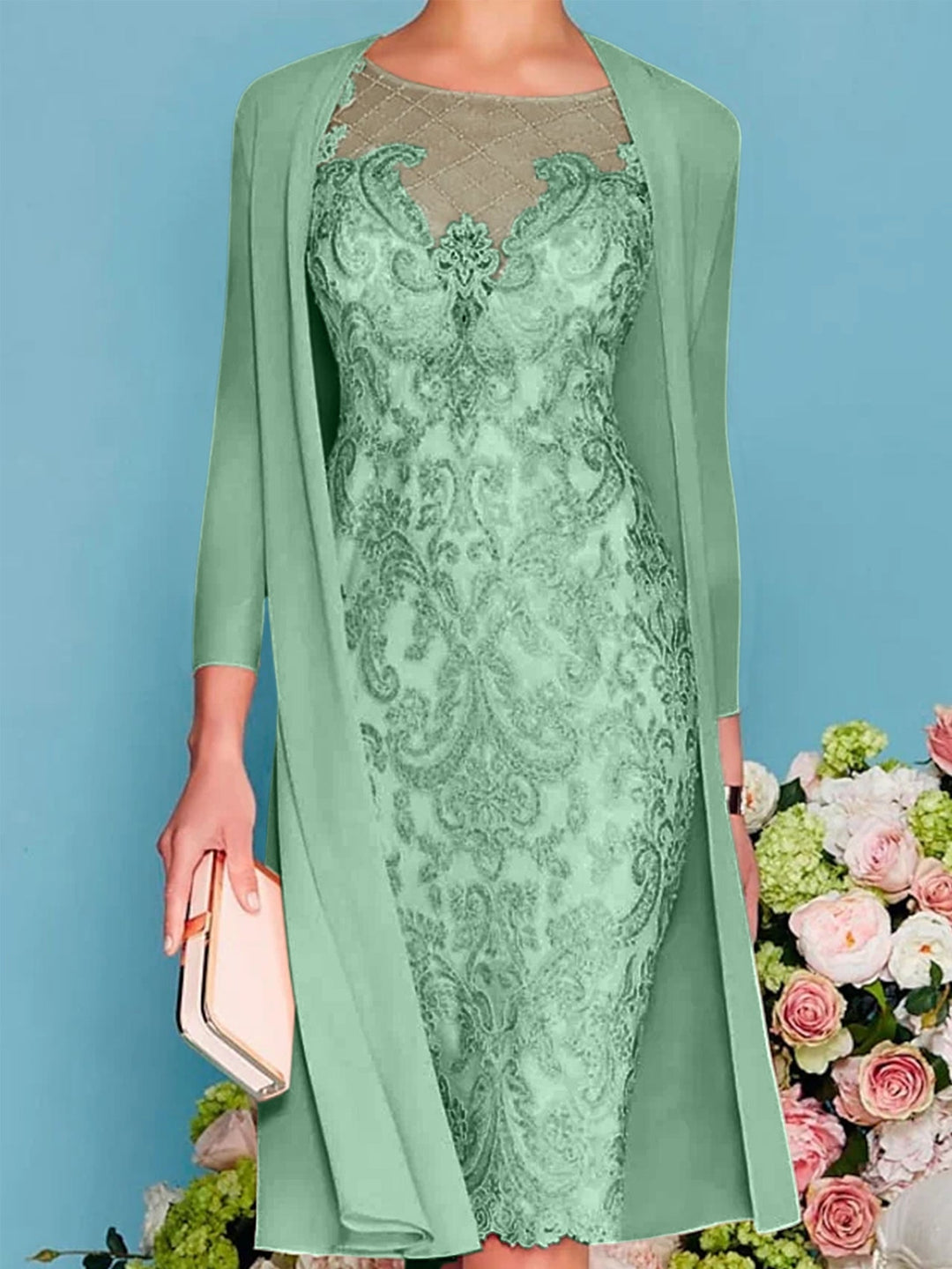 Sheath/Column Scoop Long Sleeves Knee-Length Mother of the Bride Dresses with Lace Beading Appliques