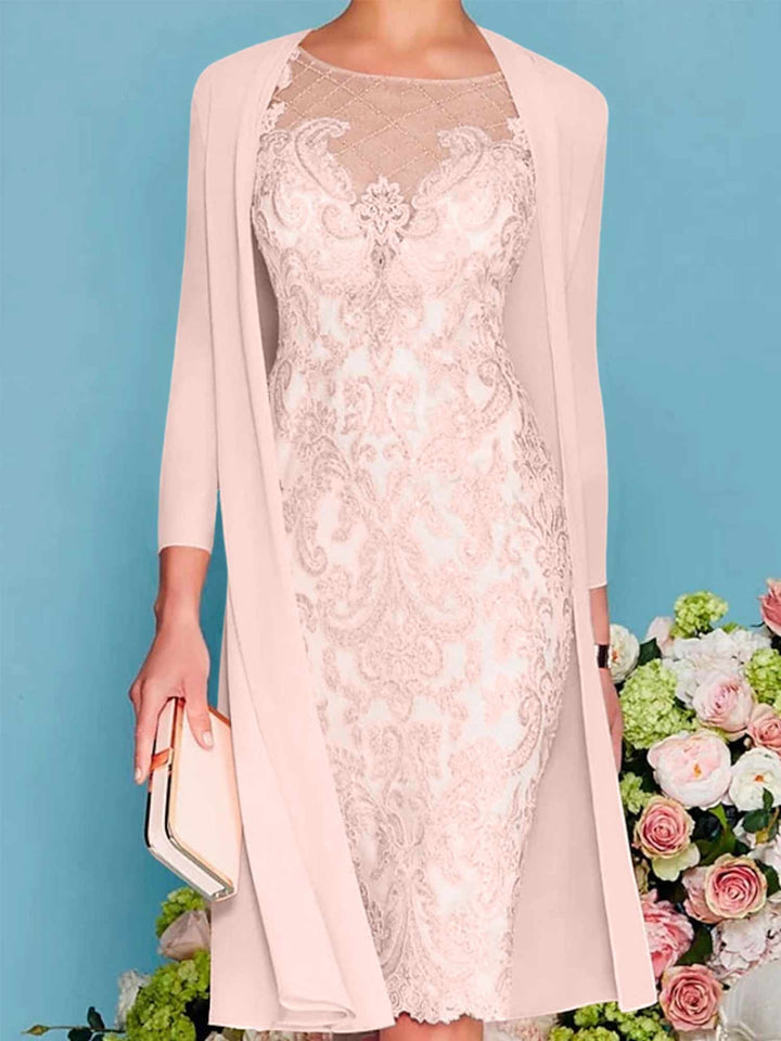 Sheath/Column Scoop Long Sleeves Knee-Length Mother of the Bride Dresses with Lace Beading Appliques