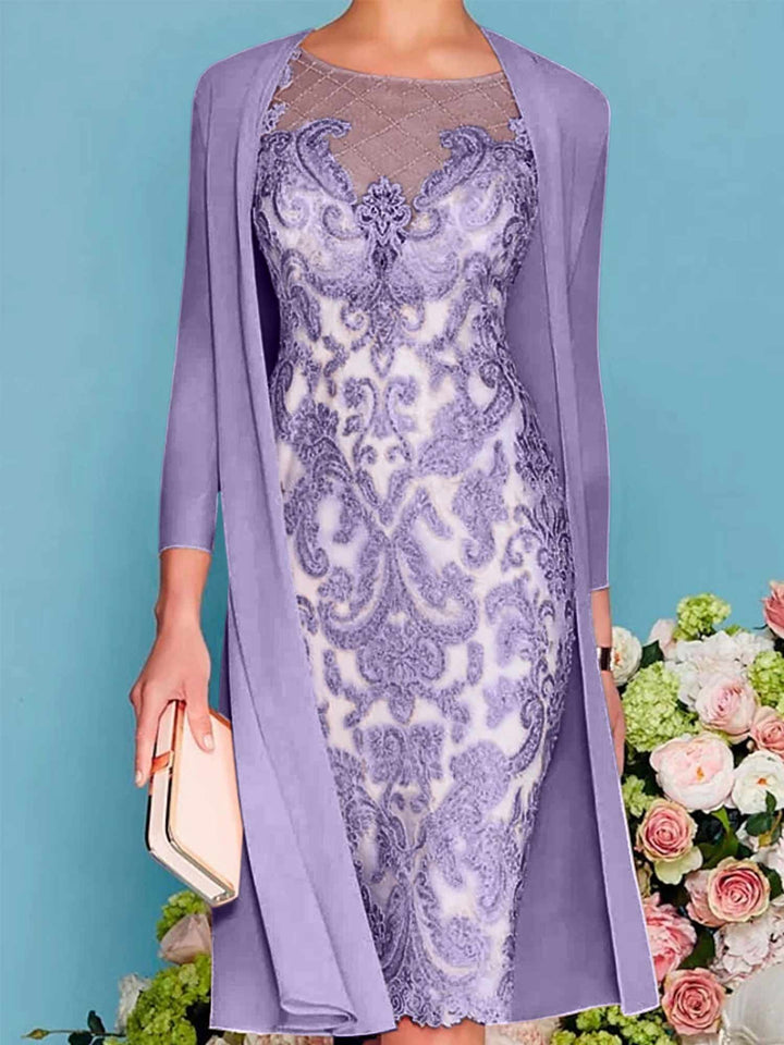 Sheath/Column Scoop Long Sleeves Knee-Length Mother of the Bride Dresses with Lace Beading Appliques