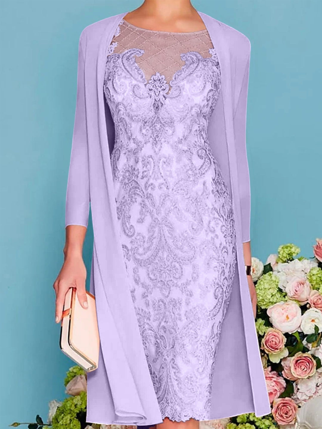 Sheath/Column Scoop Long Sleeves Knee-Length Mother of the Bride Dresses with Lace Beading Appliques