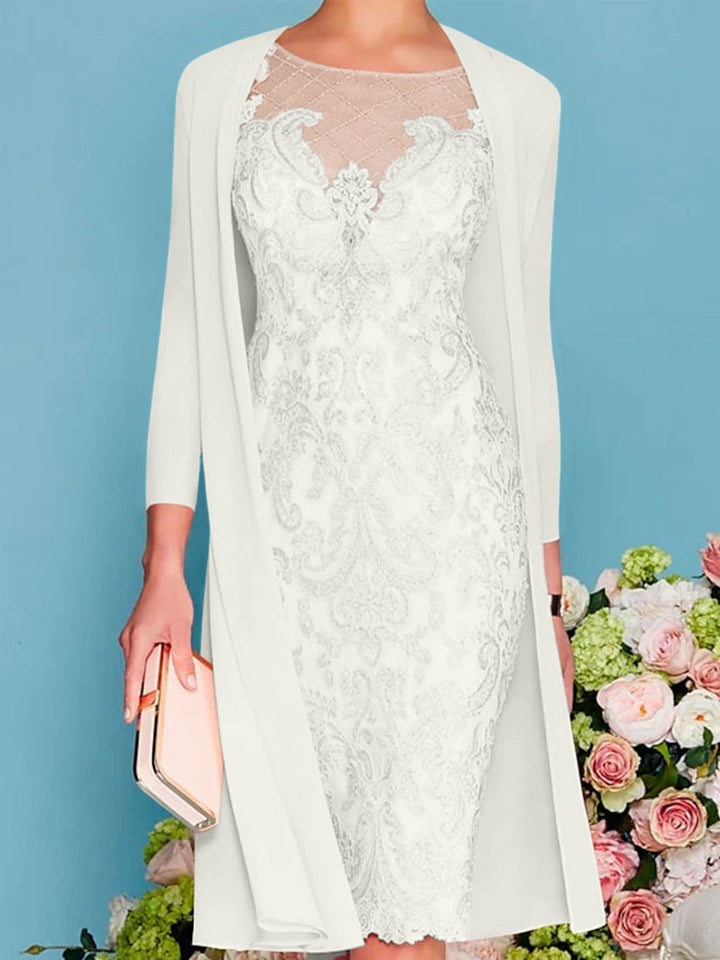 Sheath/Column Scoop Long Sleeves Knee-Length Mother of the Bride Dresses with Lace Beading Appliques