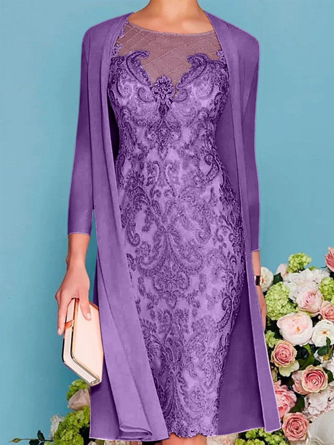 Sheath/Column Scoop Long Sleeves Knee-Length Mother of the Bride Dresses with Lace Beading Appliques