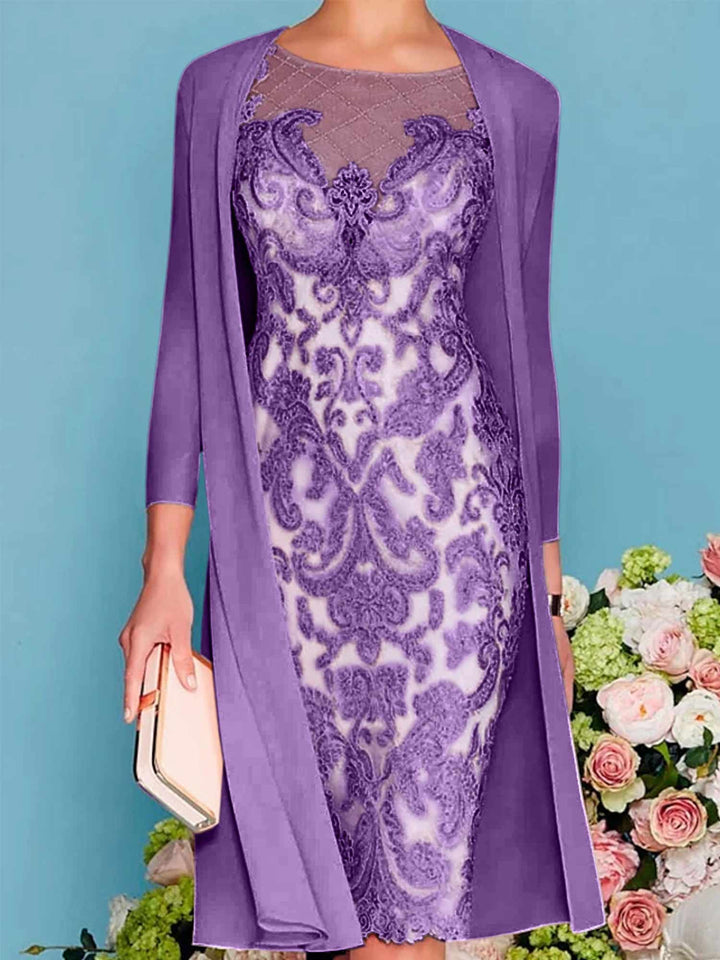 Sheath/Column Scoop Long Sleeves Knee-Length Mother of the Bride Dresses with Lace Beading Appliques