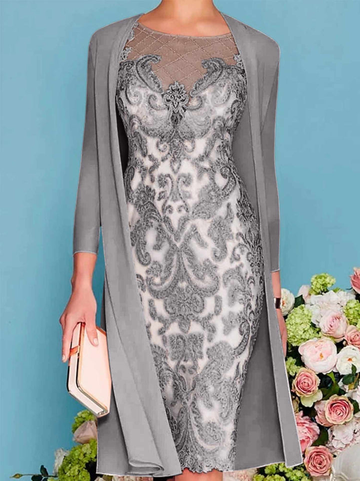 Sheath/Column Scoop Long Sleeves Knee-Length Mother of the Bride Dresses with Lace Beading Appliques