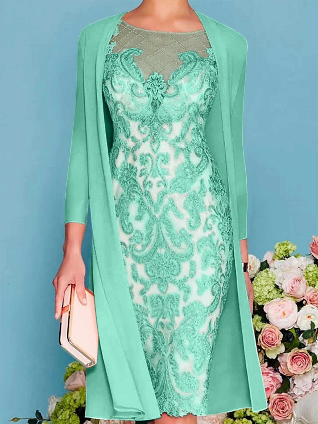 Sheath/Column Scoop Long Sleeves Knee-Length Mother of the Bride Dresses with Lace Beading Appliques