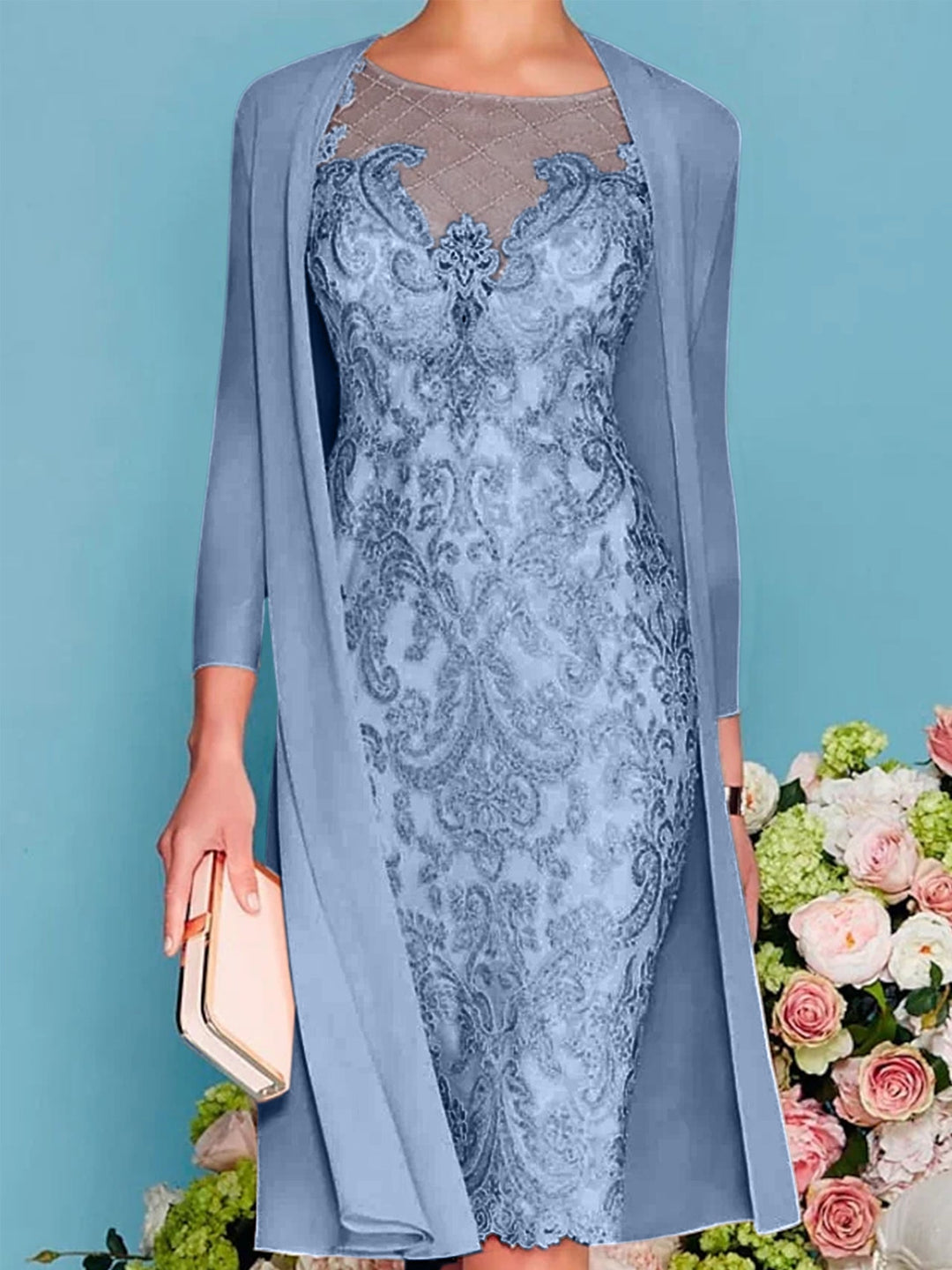 Sheath/Column Scoop Long Sleeves Knee-Length Mother of the Bride Dresses with Lace Beading Appliques