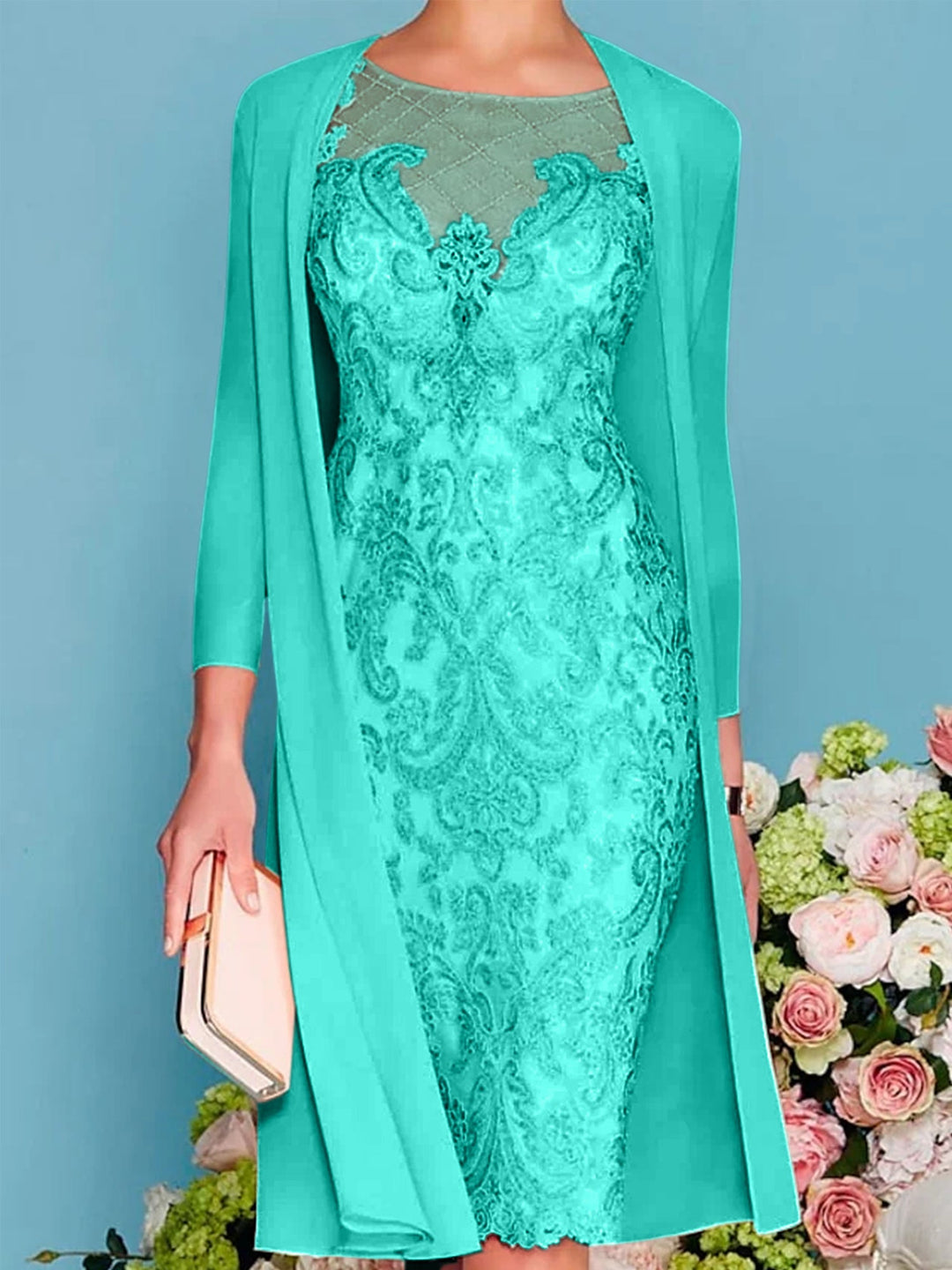 Sheath/Column Scoop Long Sleeves Knee-Length Mother of the Bride Dresses with Lace Beading Appliques