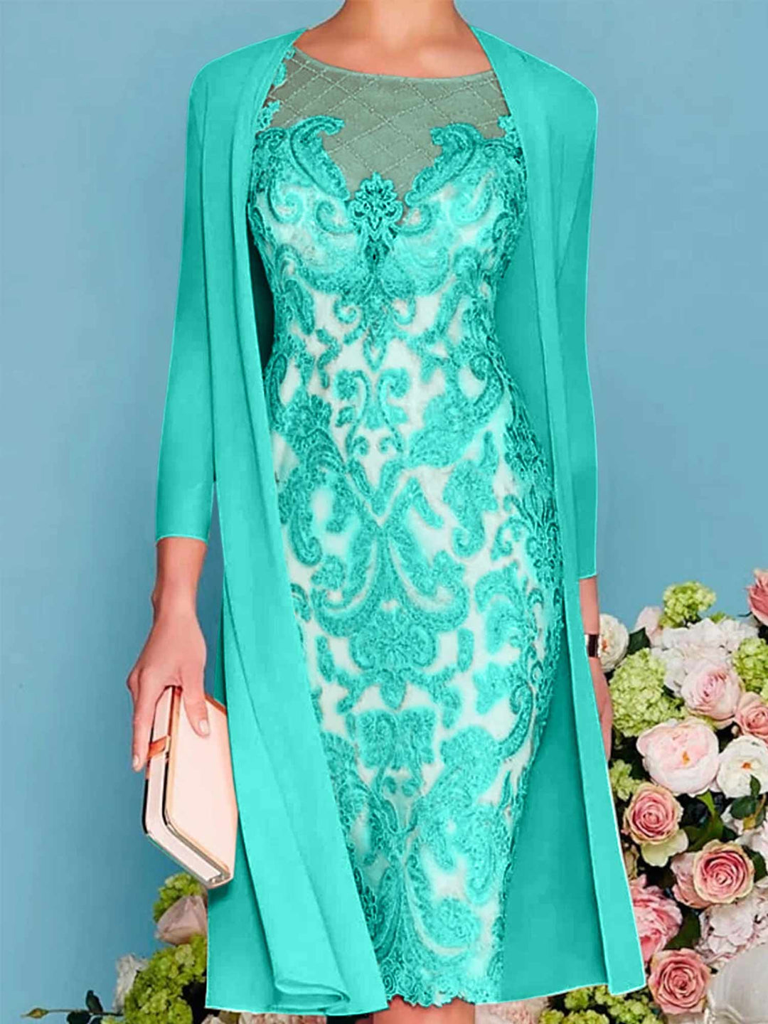 Sheath/Column Scoop Long Sleeves Knee-Length Mother of the Bride Dresses with Lace Beading Appliques