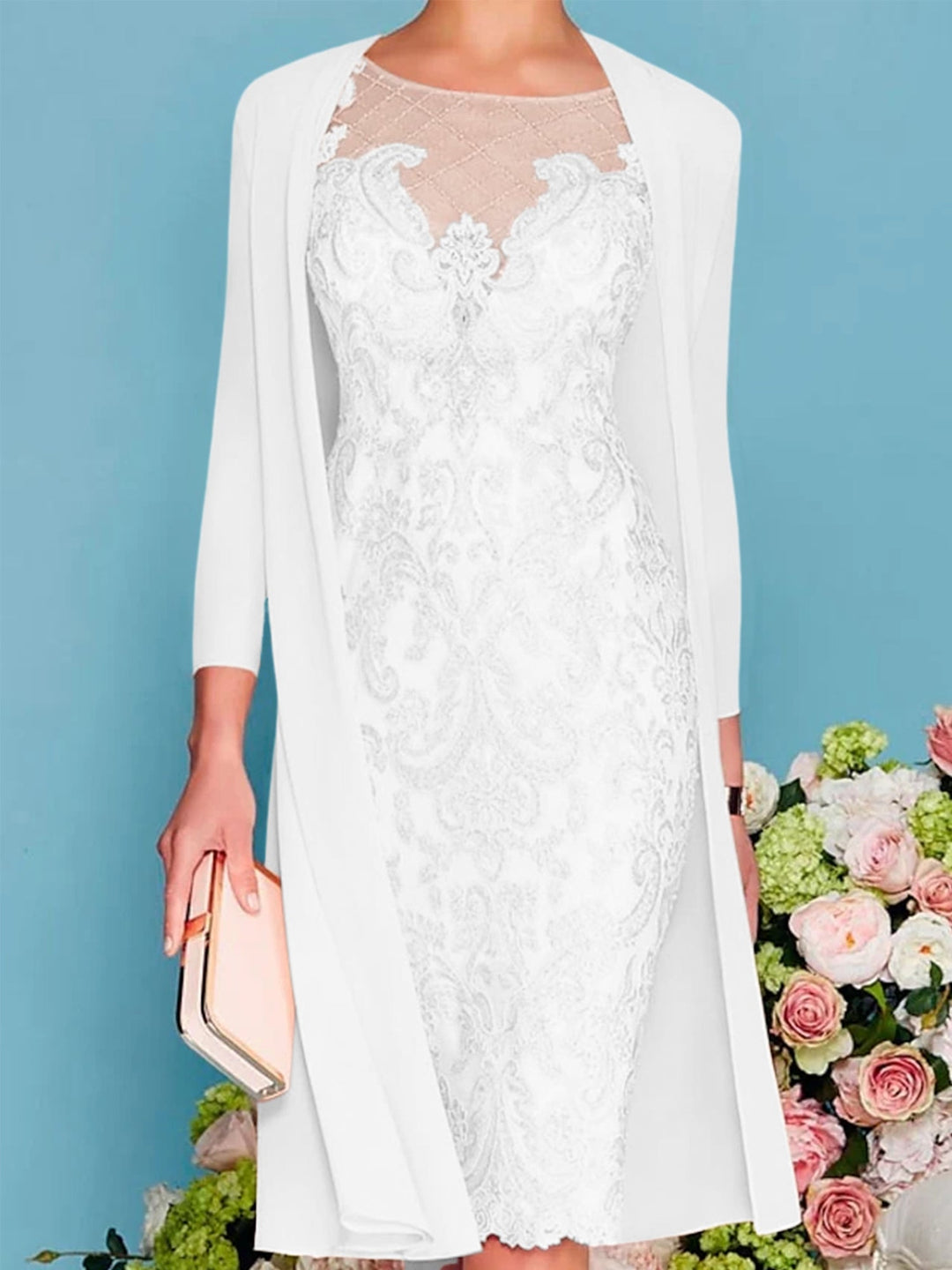 Sheath/Column Scoop Long Sleeves Knee-Length Mother of the Bride Dresses with Lace Beading Appliques