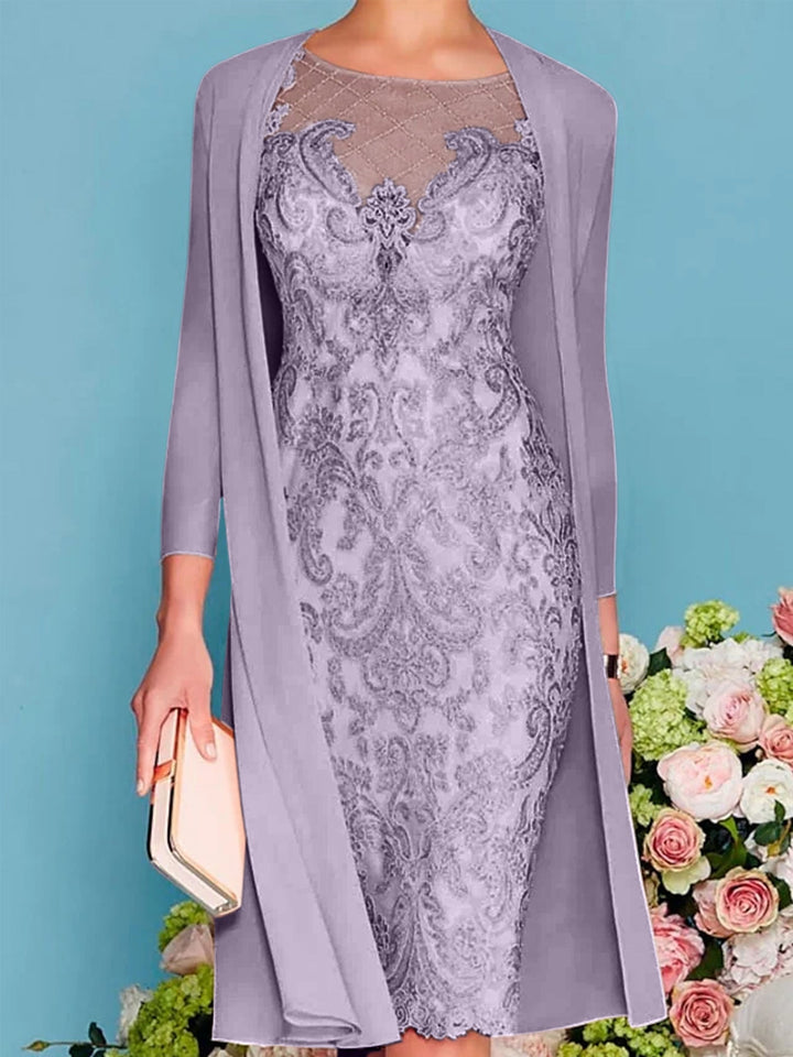 Sheath/Column Scoop Long Sleeves Knee-Length Mother of the Bride Dresses with Lace Beading Appliques