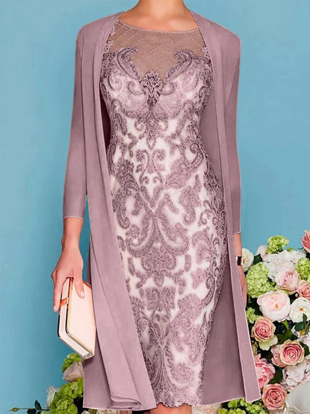 Sheath/Column Scoop Long Sleeves Knee-Length Mother of the Bride Dresses with Lace Beading Appliques