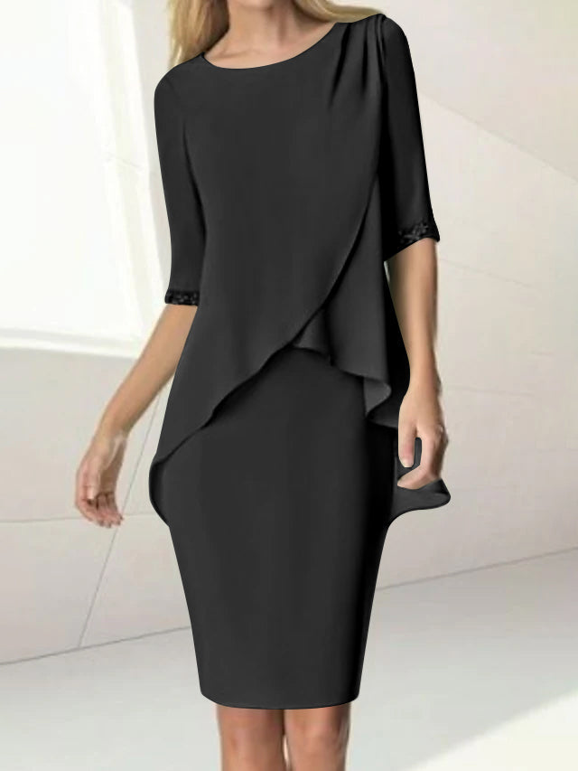 Sheath/Column Jewel Neck Knee-Length Half Sleeve Mother of the Bride Dresses with Beading Ruching