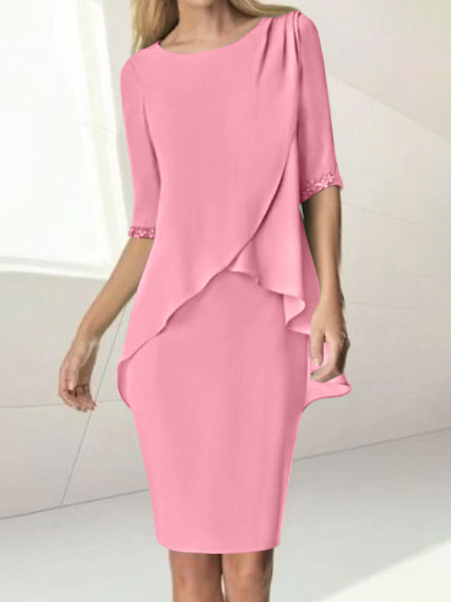 Sheath/Column Jewel Neck Knee-Length Half Sleeve Mother of the Bride Dresses with Beading Ruching