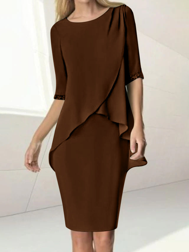 Sheath/Column Jewel Neck Knee-Length Half Sleeve Mother of the Bride Dresses with Beading Ruching