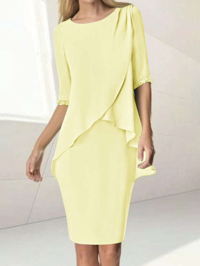 Sheath/Column Jewel Neck Knee-Length Half Sleeve Mother of the Bride Dresses with Beading Ruching