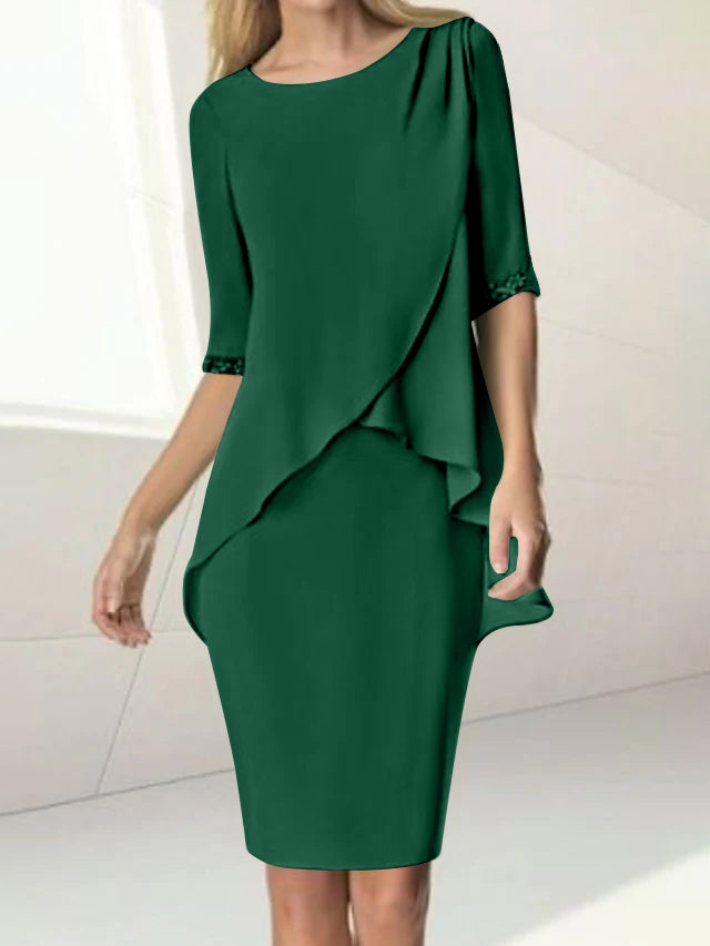 Sheath/Column Jewel Neck Knee-Length Half Sleeve Mother of the Bride Dresses with Beading Ruching